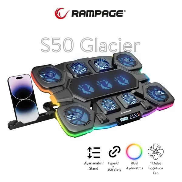 Rampage Breeze S50 5 Fanlı RGB Lcd Ekranlı Laptop Soğutucu - Görsel 10