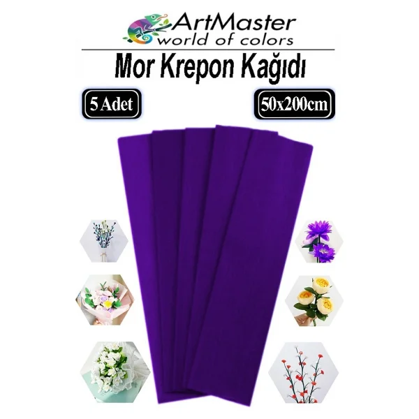 Artmaster Krapon Kağıdı Mor Renk 5 Adet 50x200 Cm Grapon Kağıdı 5'li Okul Proje Sınıf Anaokulu Kreş Süsleme - 50x200cm - Standart - Görsel 6