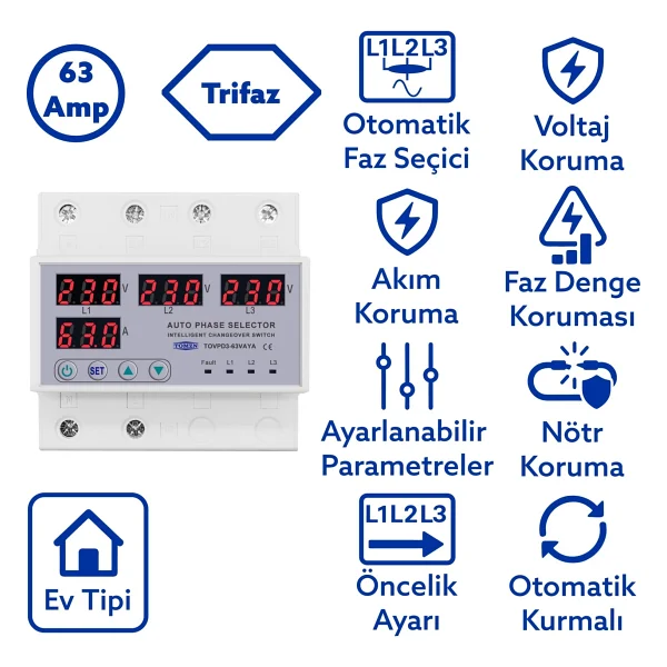 Tomzn Otomatik Faz Seçici Ve Yüksek Alçak Voltaj Akım Koruma Rölesi 63a Dahili Kontaktör - Görsel 5