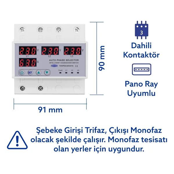 Tomzn Otomatik Faz Seçici Ve Yüksek Alçak Voltaj Akım Koruma Rölesi 63a Dahili Kontaktör - Görsel 2