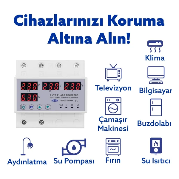 Tomzn Otomatik Faz Seçici Ve Yüksek Alçak Voltaj Akım Koruma Rölesi 63a Dahili Kontaktör - Görsel 3