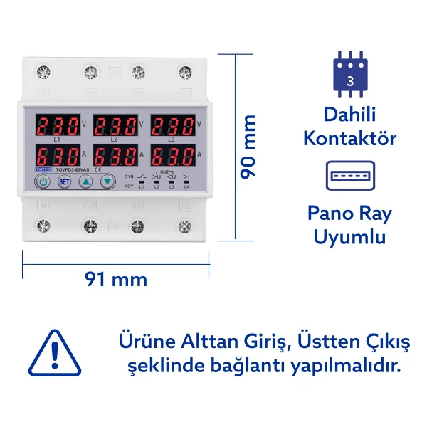 Tomzn Gerilim Ve Akım Koruma Rölesi Voltaj Koruyucu 63a 3 Fazlı - Ev Tipi - Ayrışık Faz Koruma - Görsel 2