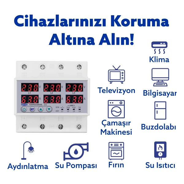 Tomzn Gerilim Ve Akım Koruma Rölesi Voltaj Koruyucu 63a 3 Fazlı - Ev Tipi - Ayrışık Faz Koruma - Görsel 3