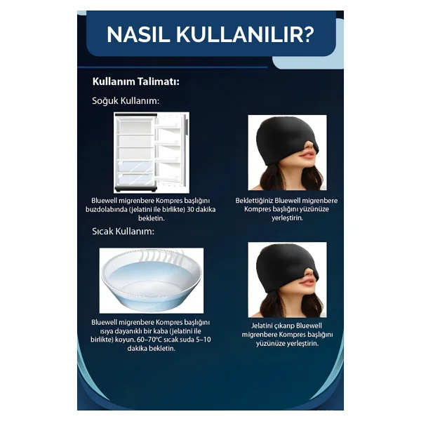 Bluewell Orthopedıcs Products Mıgren Baş Ağrısı Giderici Başlık Şapka, Üç Katmanlı Medikal Jel Kompresli Sıcak Soğuk Terapi Bere - Görsel 8