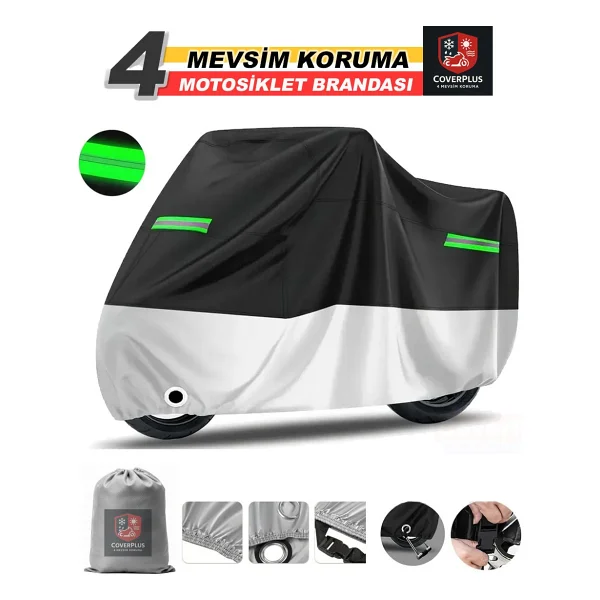 Encover Triumph Tiger Reflektörlü Siyah-Gri (Arka Çanta Uyumlu) Motosiklet Brandası,Motor Branda Motor Örtüsü (Güvenlik Kilidi Ve Bağlantı Tokalı) - Siyah Gri - Reflektörlü Arka Çanta Uyumlu - Görsel 3
