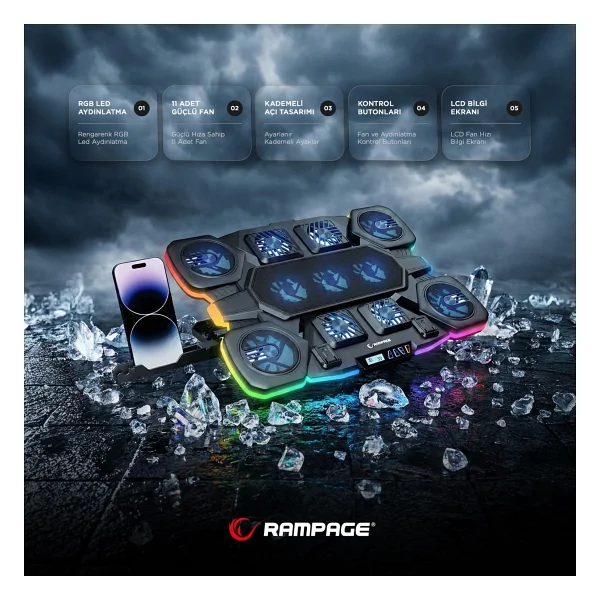 Rampage Breeze S50 5 Fanlı RGB Lcd Ekranlı Laptop Soğutucu - Görsel 2