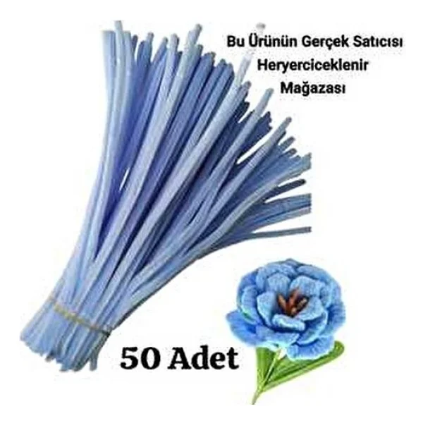 Butik 50 Adet Açık Mavi Şönil, Çiçek Yapımına Uygun Tüylü Tel, 30 Cm 6mm - Görsel 5