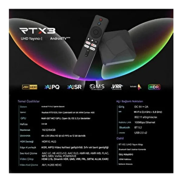 Everbox Rt-X3 4K Android 14.0 TV Box 4+64gb Realtek Rtd1325 Yapay Zeka İşlemci Chip Dual Hızlı Wifi6 - Görsel 3