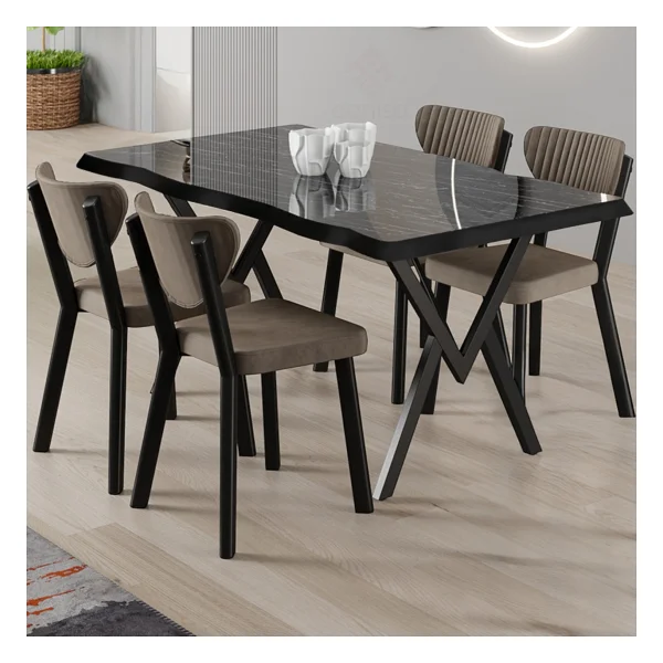 Canisa Akort Serisi Mdf Sabit 80x130 Siyah Mermer Desen Mutfak Masası Takımı 4 Sandalye - Cappucino - Görsel 6