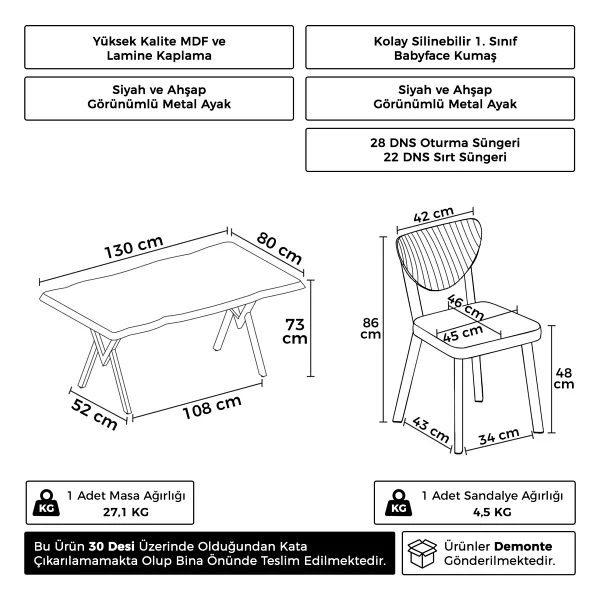 Canisa Akort Serisi Mdf Sabit 80x130 Siyah Mermer Desen Mutfak Masası Takımı 4 Sandalye - Cappucino - Görsel 3