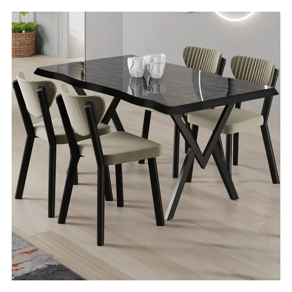 Canisa Akort Serisi Mdf Sabit 80x130 Siyah Mermer Desen Mutfak Masası Takımı 4 Sandalye - Cappucino - Görsel 7