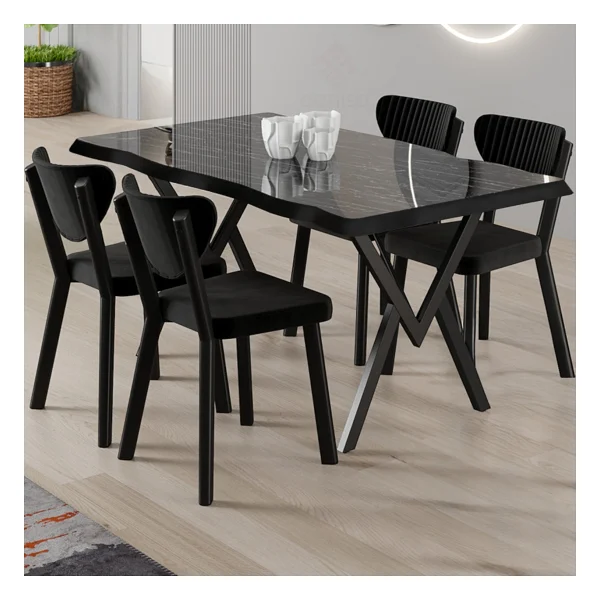 Canisa Akort Serisi Mdf Sabit 80x130 Siyah Mermer Desen Mutfak Masası Takımı 4 Sandalye - Cappucino - Görsel 8