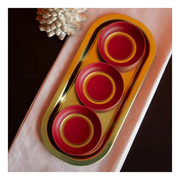 Sarkap Home 3'lü 10x3,2 cm Çerezlik ve 16x35 cm Sunumluk Tepsi Seti - Kırmızı & Gold - Görsel 9