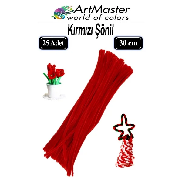 Artmaster Şönil Kırmızı 30 Cm 25 Li 1 Paket Renkli Tüylü Tel Şönil Pipo Temizleyici Okul Öncesi Anasınıfı Kreş Hobi Eğitici - Standart - Görsel 6