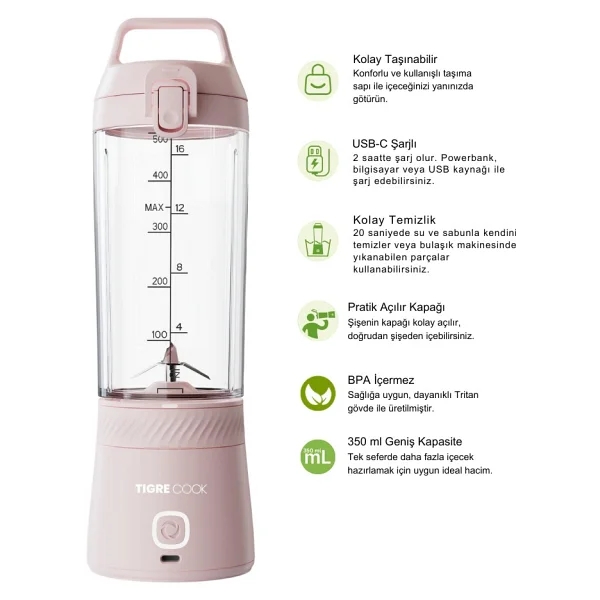 Tigrecook Pembe Kişisel Smoothie Blender - Görsel 2