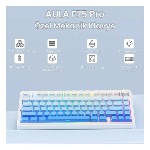 Aula F75 RGB %75 Tkl Seiya Switch Kablolu/Kablosuz Mekanik Oyuncu Klavyesi - Görsel 4