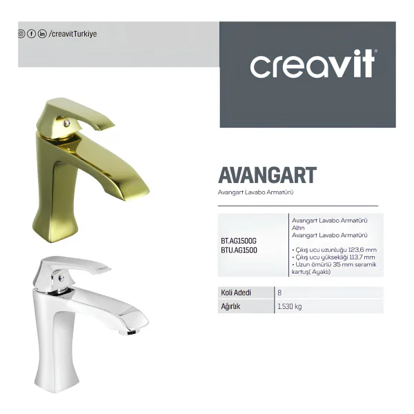 Creavit AG1500 Avangart Lüx Lavabo Bataryası - Görsel 8