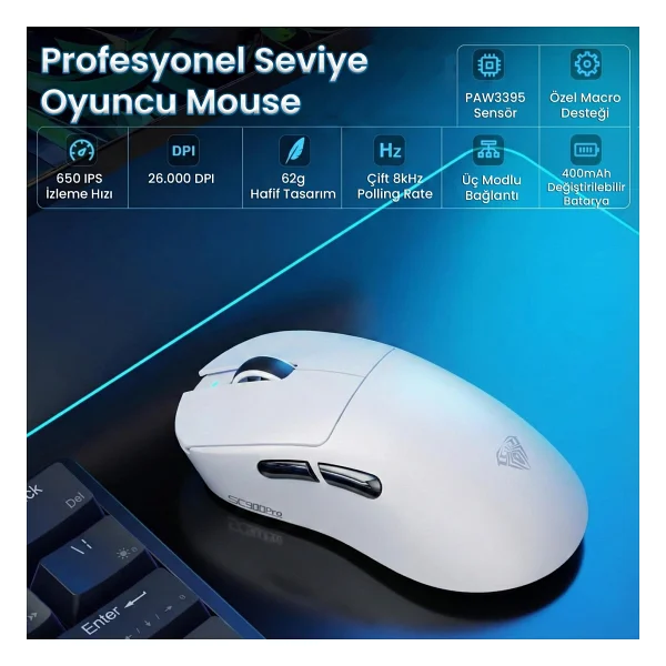 Aula Sc900 Pro Beyaz Şarjlı Optik Kablolu/Kablosuz Oyuncu Mouse - Görsel 3
