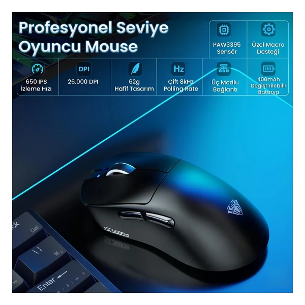 Aula Sc900 Pro Siyah Şarjlı Optik Kablolu/Kablosuz Oyuncu Mouse - Görsel 3