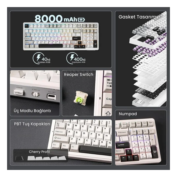 Aula F99 Gri RGB Reaper Switch Kablolu/Kablosuz Mekanik Oyuncu Klavyesi - Görsel 2