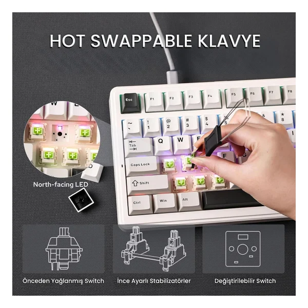 Aula F99 Gri RGB Reaper Switch Kablolu/Kablosuz Mekanik Oyuncu Klavyesi - Görsel 3