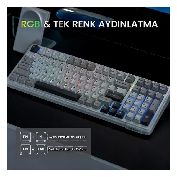 Aula F99 Gri RGB Reaper Switch Kablolu/Kablosuz Mekanik Oyuncu Klavyesi - Görsel 4