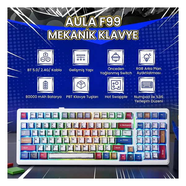 Aula F99 3 Modlu RGB Hot Swap Mekanik Graywood V3 Switch Kablosuz Makrolu Gaming Klavye Comic - Görsel 2