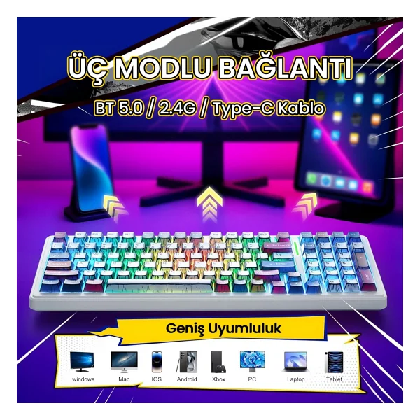 Aula F99 3 Modlu RGB Hot Swap Mekanik Graywood V3 Switch Kablosuz Makrolu Gaming Klavye Comic - Görsel 3
