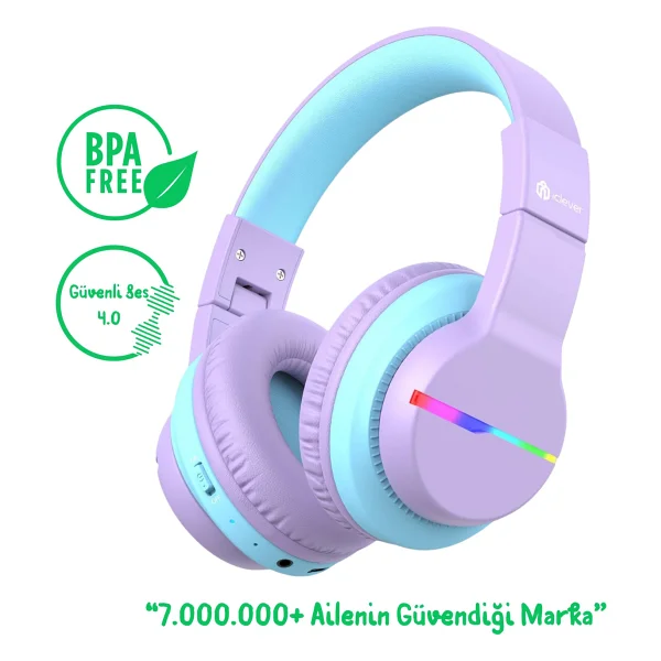 İclever Bth12 Mor Kulak Üstü Çocuk Bluetooth Kulaklık - Görsel 8