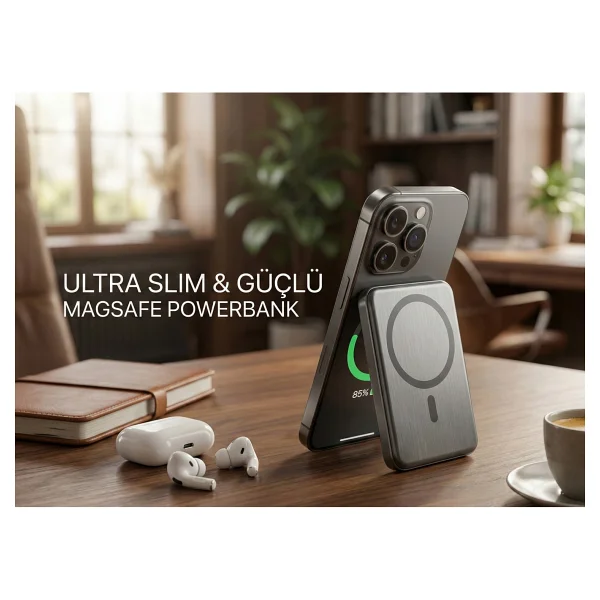 Uk Samsung S25 Ultra Uyumlu Magsafe 5000MAH Ultra Ince Powerbank Kablosuz Hızlı Şarj-Titanyum Gri - Görsel 3