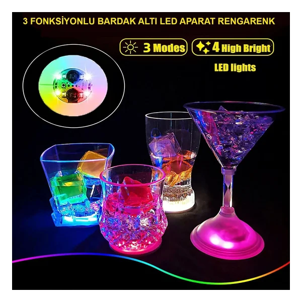 Renkli LED Işıklı Bardak Altlığı - 12 Adet, Pilli - Görsel 2