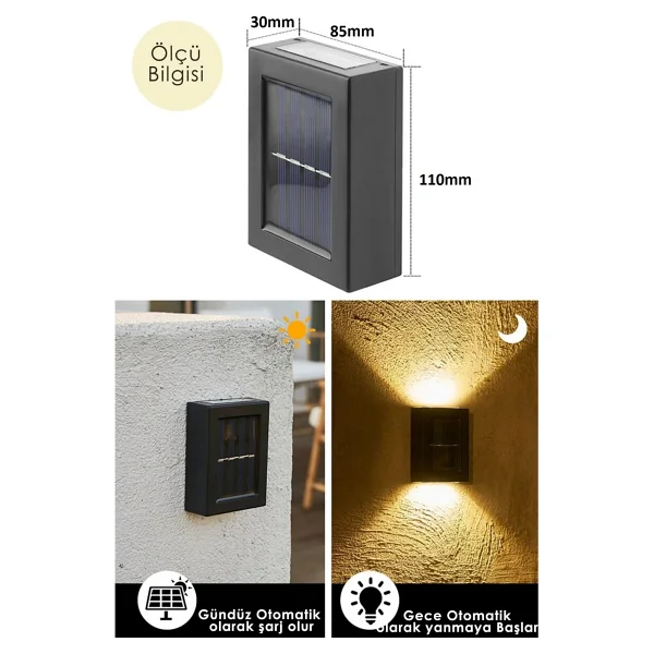 4 Ledli Solar Çift Taraflı Duvar Lambası Güneş Enerjili Aydınlatma Dekorasyon Aplik Işık - Görsel 8