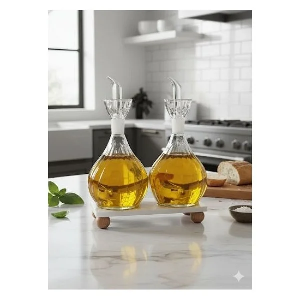 Morponi Mermer Stantlı Borosilikat Cam 2'li Tombul Papatya Yağdanlık Seti 1000 Ml - Şeffaf - 1 Lt - Görsel 3