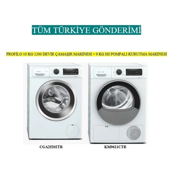 Profilo 2 Li Set 10 Kg 1200 Devir Çamaşır Makinesi Cga25202tr + 9 Kg Isı Pompalı Kurutma Makinesi Km9611ctr - Görsel 7