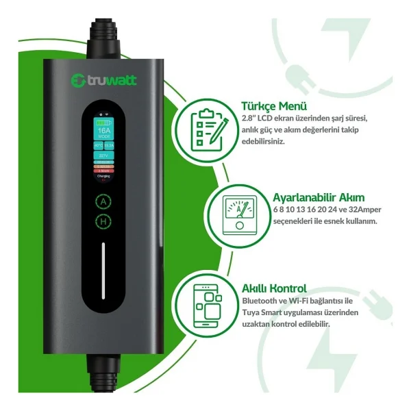 Truwatt ZTA315 Taşınabilir Elektrikli Araç Şarj Cihazı 32A/7KW/220V (15 Metre) - Görsel 3