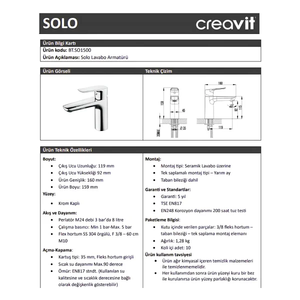 Creavit Solo So1500 Lavabo Bataryası - Görsel 2