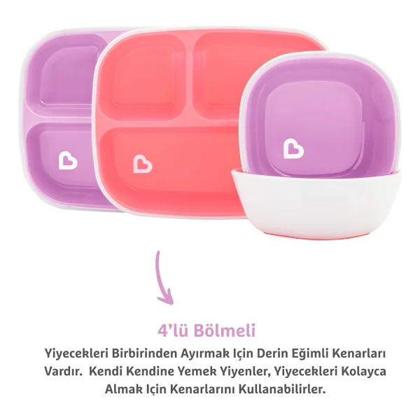 Munchkin Splashtm 4'lü Bölmeli Tabak Ve 2li Kase Seti 6ay+ Pembe/Mor - Görsel 3