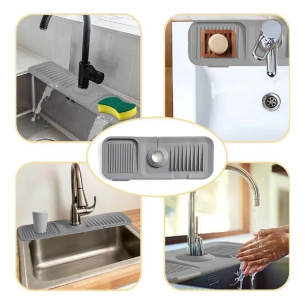 Orvila Elastik Musluk Matı Su Tutucu Düzenleyici Kaydırmaz Taban Organizer Mutfak Banyo Lavabo Gri - Görsel 3