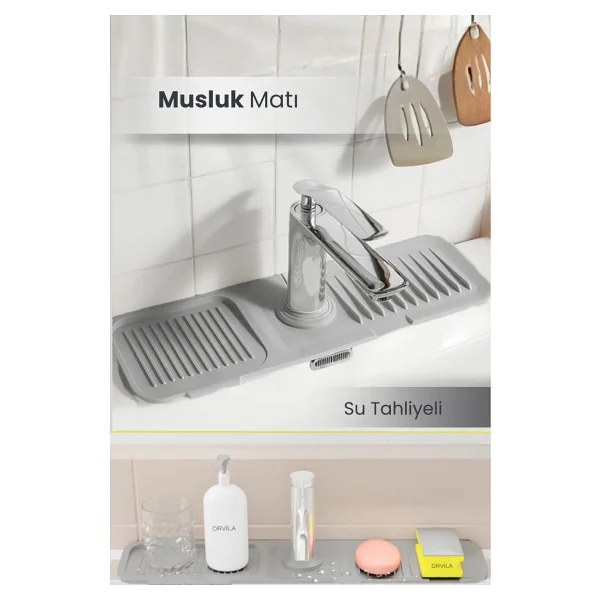 Orvila Elastik Musluk Matı Su Tutucu Düzenleyici Kaydırmaz Taban Organizer Mutfak Banyo Lavabo Gri - Görsel 7