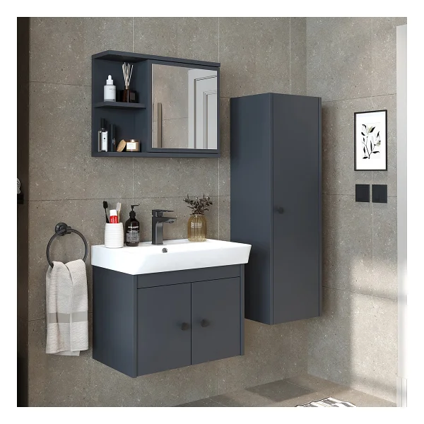 Roomart Ada Lavabolu Banyo Alt Dolabı + Banyo Üst Dolabı + Banyo Boy Dolabı Beyaz - Görsel 6