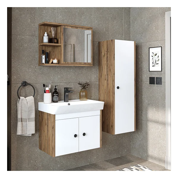 Roomart Ada Lavabolu Banyo Alt Dolabı + Banyo Üst Dolabı + Banyo Boy Dolabı Beyaz - Görsel 7