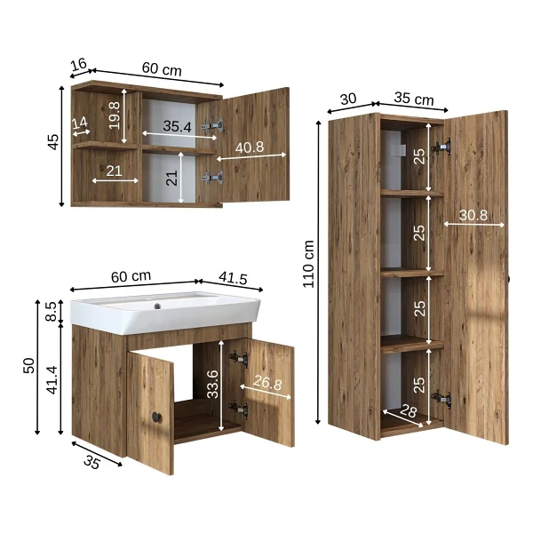 Roomart Ada Lavabolu Banyo Alt Dolabı + Banyo Üst Dolabı + Banyo Boy Dolabı Beyaz - Görsel 2