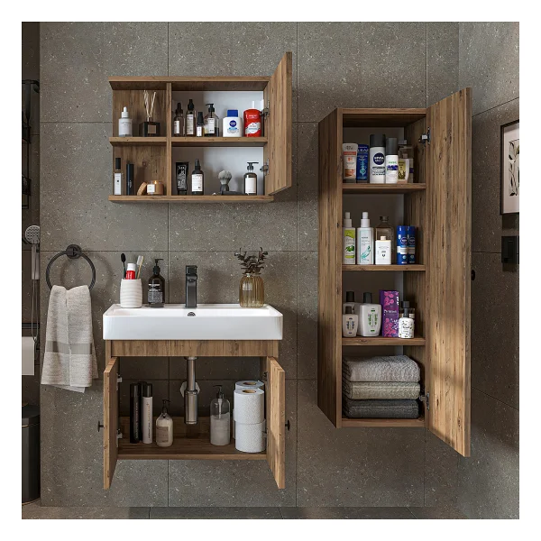 Roomart Ada Lavabolu Banyo Alt Dolabı + Banyo Üst Dolabı + Banyo Boy Dolabı Beyaz - Görsel 3