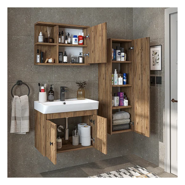 Roomart Ada Lavabolu Banyo Alt Dolabı + Banyo Üst Dolabı + Banyo Boy Dolabı Beyaz - Görsel 5