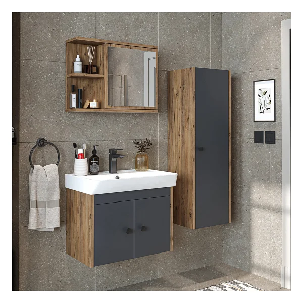 Roomart Ada Lavabolu Banyo Alt Dolabı + Banyo Üst Dolabı + Banyo Boy Dolabı Beyaz - Görsel 9