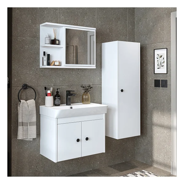Roomart Ada Lavabolu Banyo Alt Dolabı + Banyo Üst Dolabı + Banyo Boy Dolabı Beyaz - Görsel 10