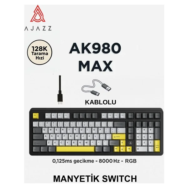 Ajazz AK980 Max HE Contour Beyaz RGB Magnetic Frost Switch Kablolu Mekanik Oyuncu Klavyesi - Görsel 8