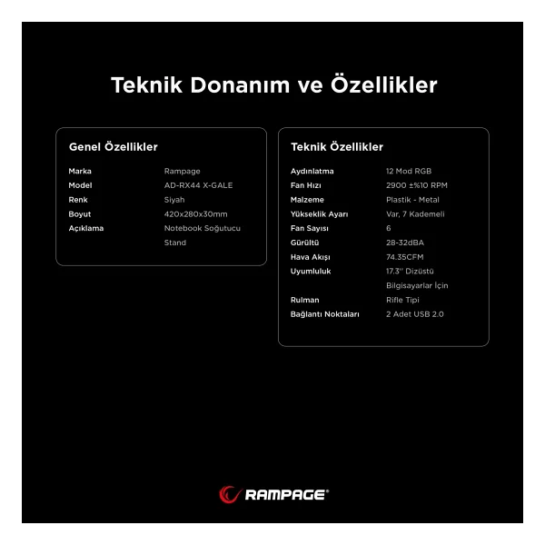Rampage Ad-Rx44 X-Gale 6 Fanlı Laptop Soğutucu - Görsel 5