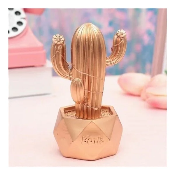LED Işıklı Sevimli Kaktüs Dekoratif Masa Lambası Mini Biblo Gece Lambası-Gold - Görsel 6