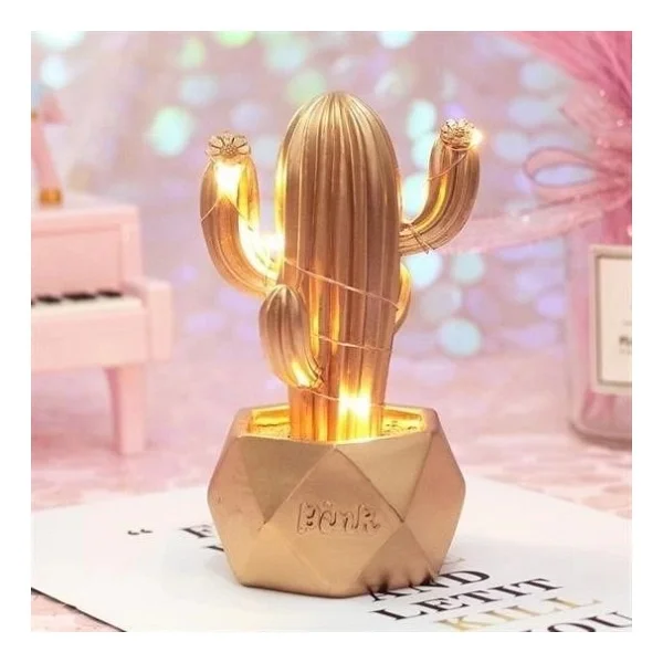 LED Işıklı Sevimli Kaktüs Dekoratif Masa Lambası Mini Biblo Gece Lambası-Gold - Görsel 2